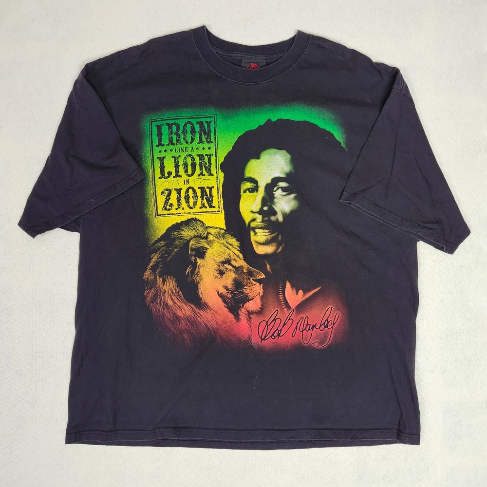 Y2K Oversized Bob Marley‎ Iron Like A Lion In ZionTee Shirt 3XL Faded Vintage